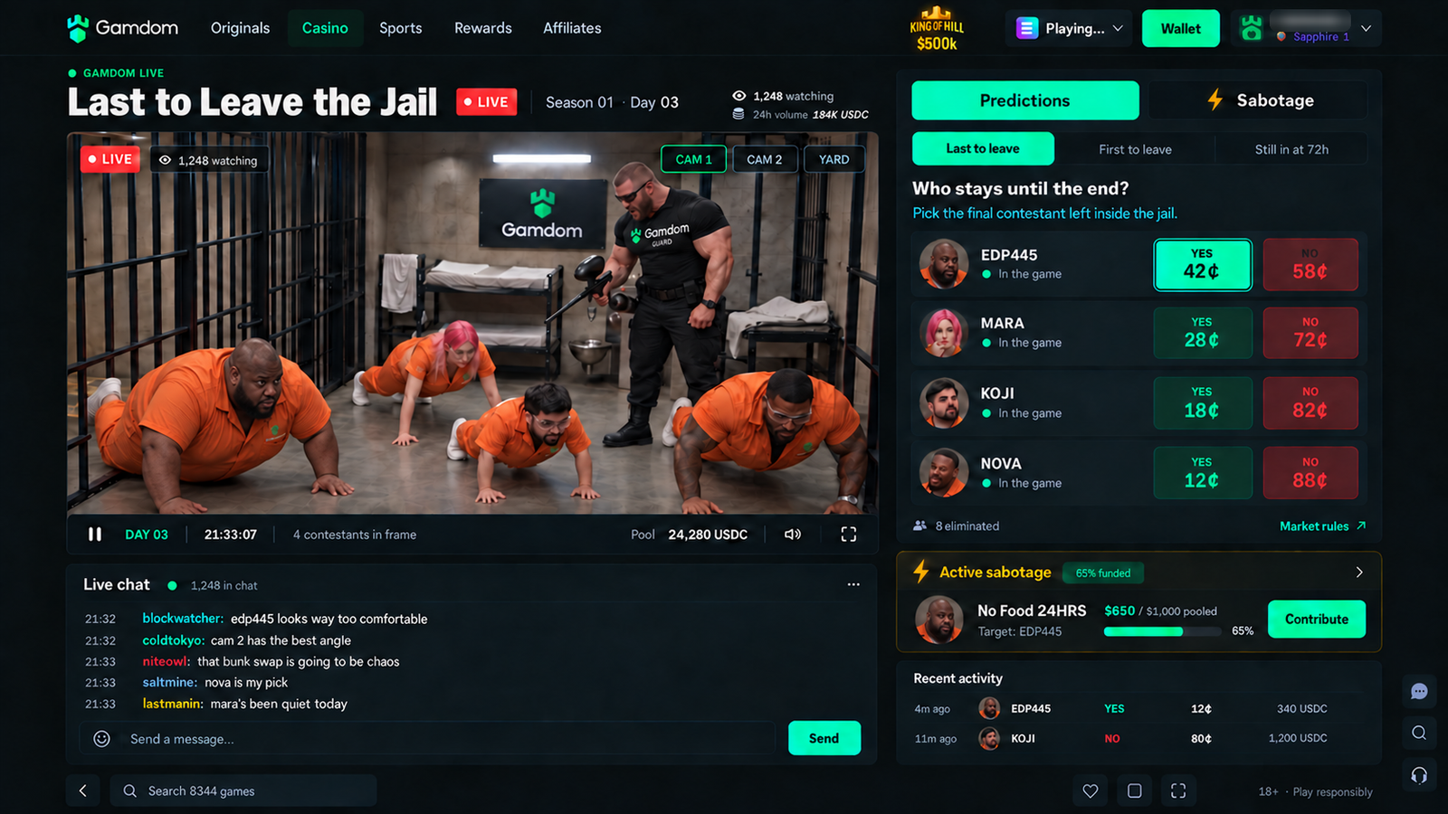 Concept of the show page: a live stream of four contestants in orange jumpsuits doing push-ups while a guard watches, with the bets panel, an active sabotage pool, live chat and recent activity beside it